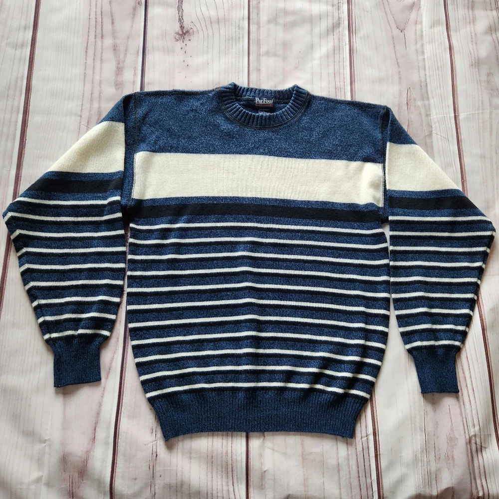 Par Four Vintage Golf Sweater Striped Blue Black White | Men's Size L